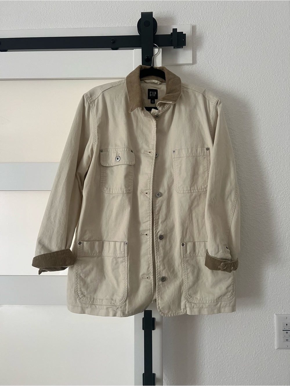 GAP Men's Light Beige Field Jacket with Brown Corduroy Collar